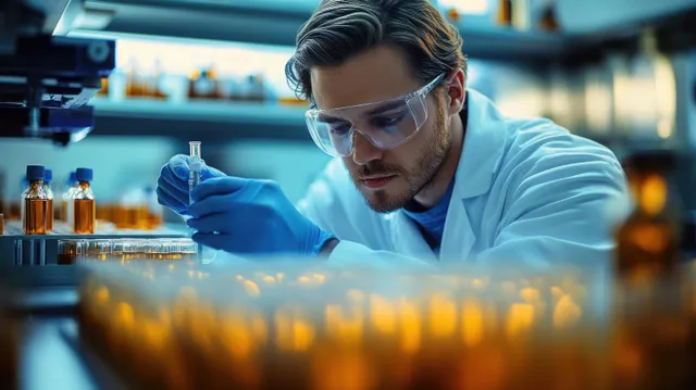 A young scientist in safety goggles pipettes a test tube beside amber reagent bottles in a laboratory.