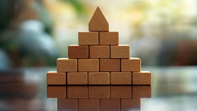 Pyramid of stacked wooden blocks on a reflective surface with warm reflections and blurred natural background.
