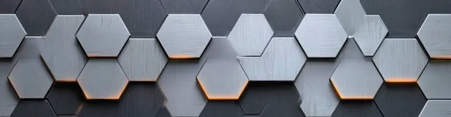 Brushed aluminum hexagon tiles stacked with soft light gradients across industrial background