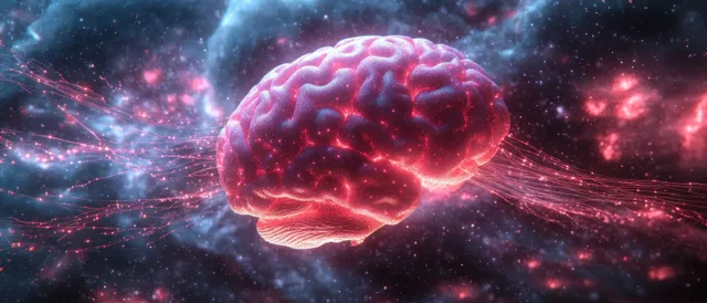 A glowing pink brain in space surrounded by branching neon neural light streams and starlike particles.