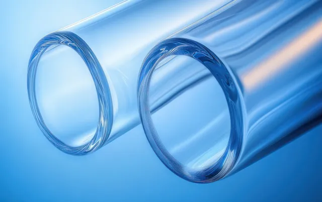 Minimalist glass tubes casting blue reflections on a smooth gradient background