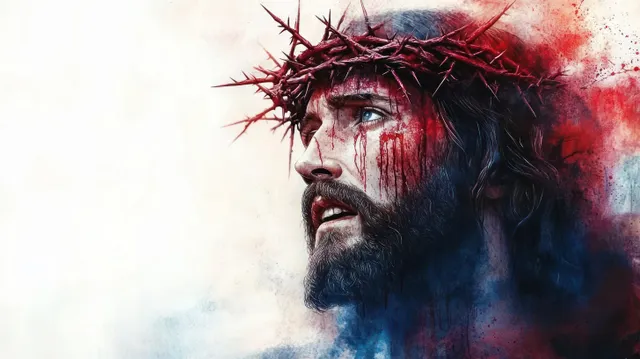 Bearded man with a crown of thorns and blood streaks across his face against dramatic red and blue background.