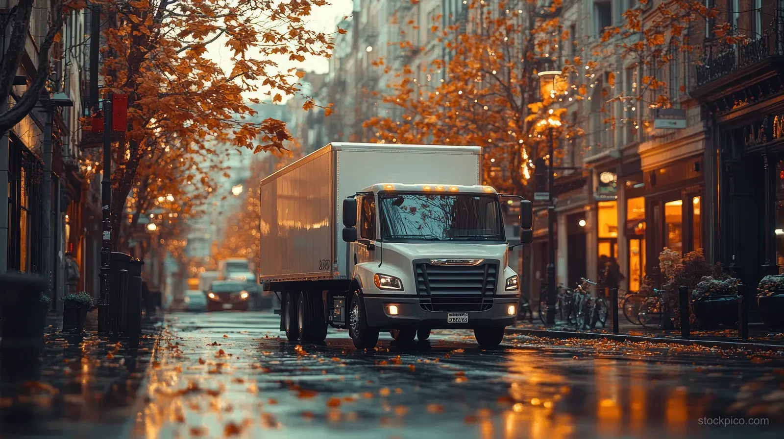 An empty white delivery truck mockup sits on a wet autumn city street with shopfronts and reflections.