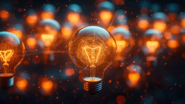 A glowing lightbulb centered in a dark space, surrounded by sparkling connected points.