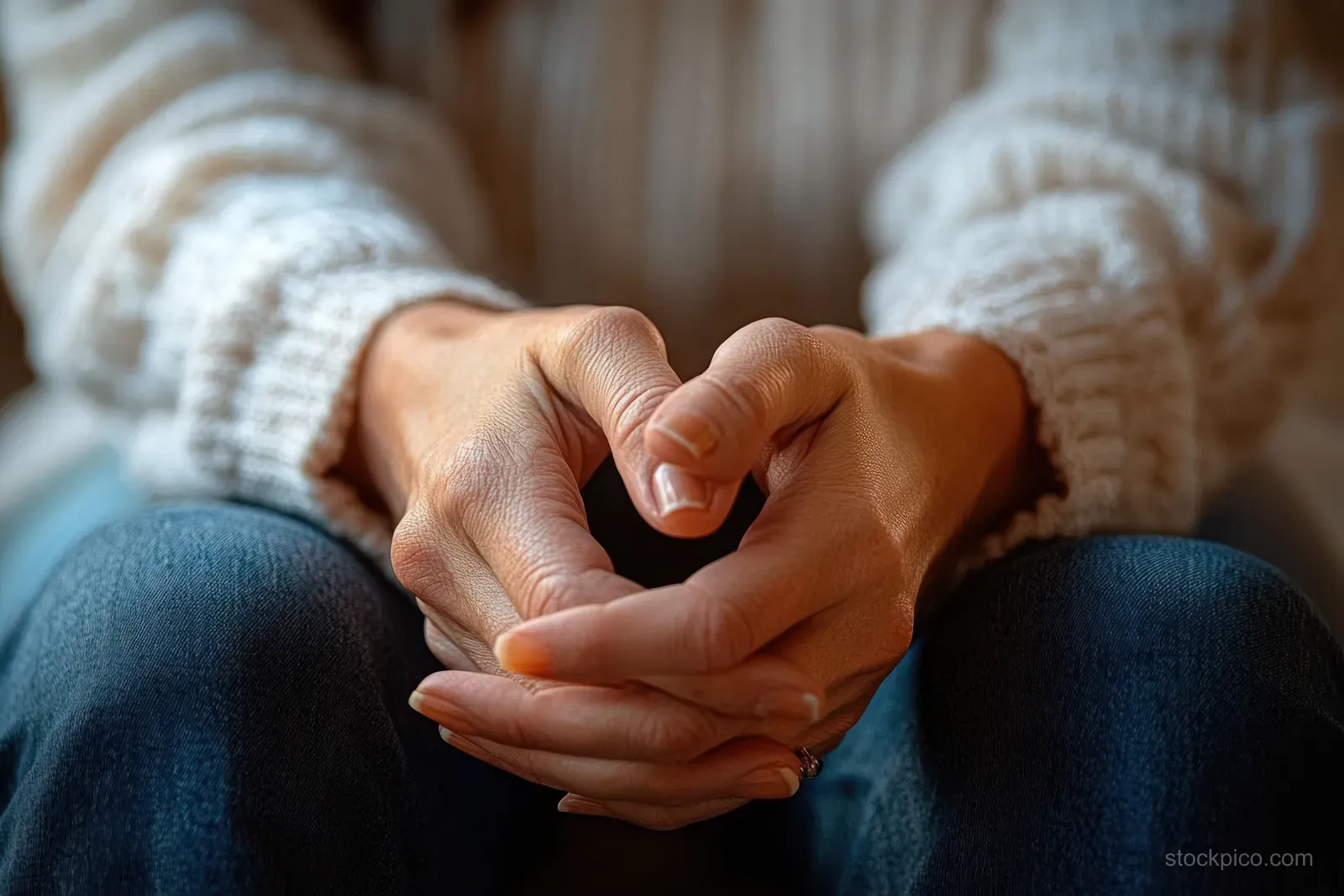 Gently clasped hands resting on a lap beneath a cozy knit sweater and blue jeans in soft natural light.