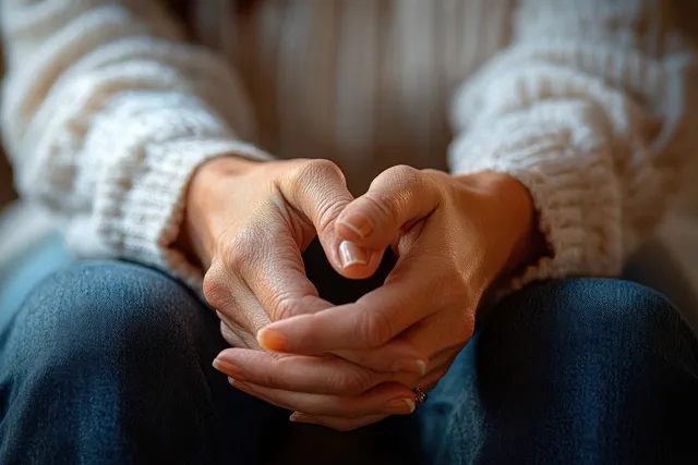 Clasped hands in a knit sweater resting on lap, quiet contemplative moment