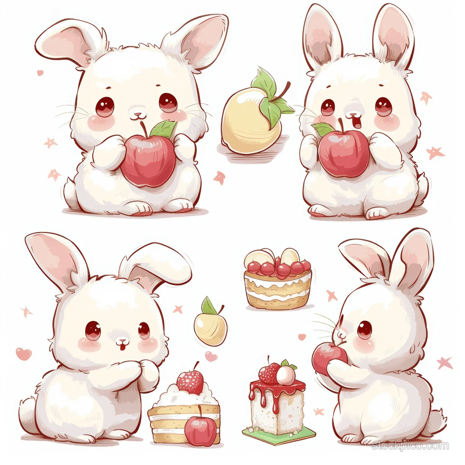Four kawaii bunnies pose with an apple and cake slices, surrounded by small hearts in a clean vector illustration.