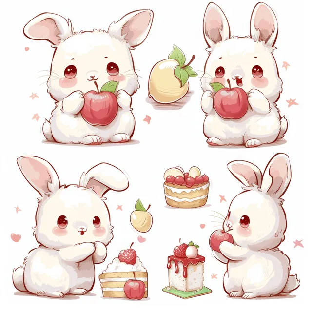 Kawaii bunnies holding apple and cake in cheerful vector poses with soft hearts
