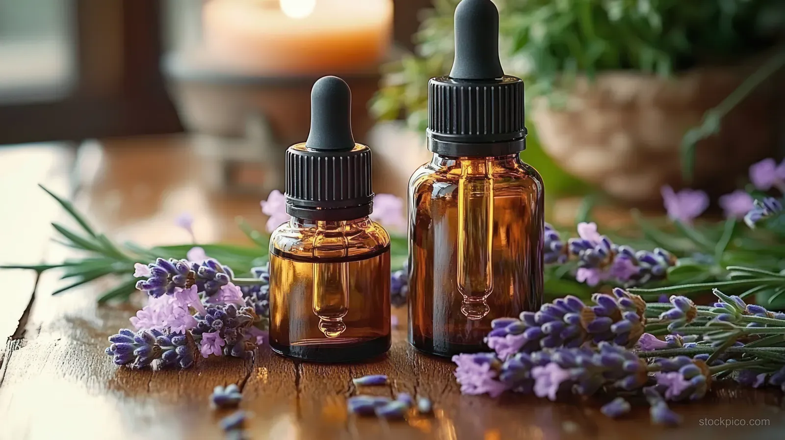 Two amber essential oil dropper bottles on wood with lavender flowers, candlelight and green plants blurred behind.