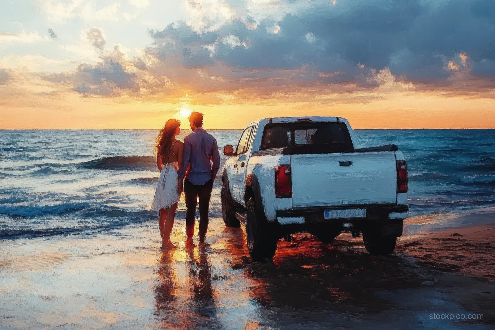 A couple holds hands beside a white pickup truck at sunset on the beach, with ocean waves and reflections on wet sand.