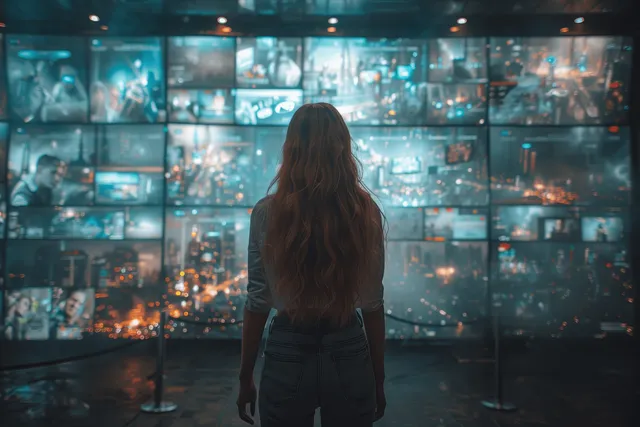 Woman standing before a multi-screen media wall showing streaming channels and video thumbnails under blue night lighting.