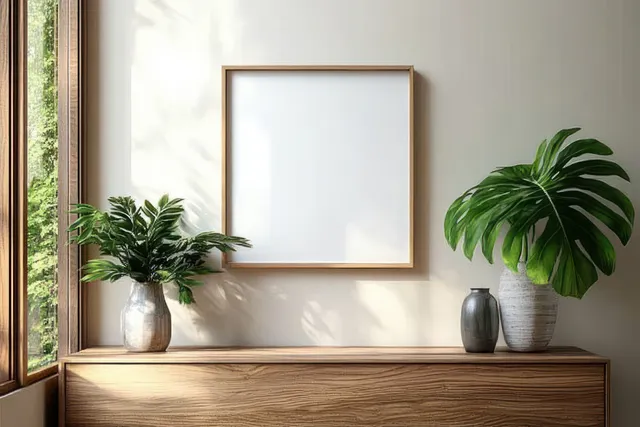 Blank picture frame hangs above a wooden console table with green monstera plants in ceramic pots against a light wall.