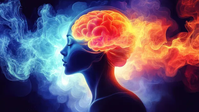 Side profile silhouette of a human head with a glowing brain emitting blue and orange smoke swirls.