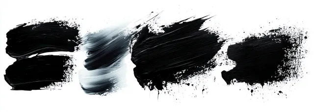 Four black paint brush strokes on a white background with splatters and textured smears.