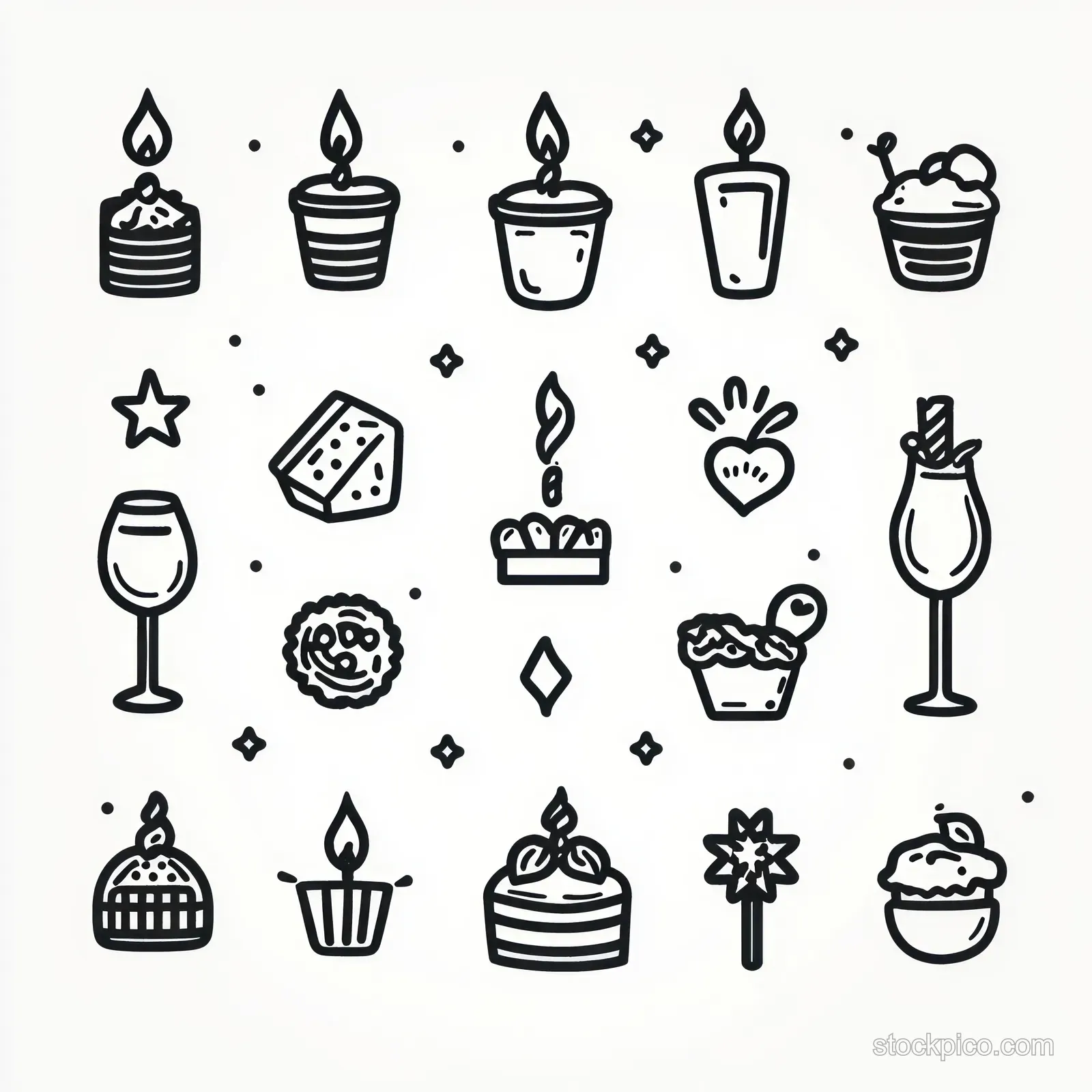 Black and white line-art icons of desserts, candles, and drinks arranged in a grid with stars and dots.