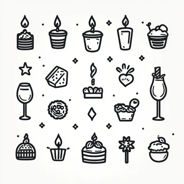 Black and white line-art icons of desserts, candles, and drinks arranged in a grid with stars and dots.