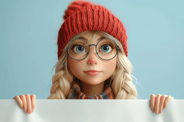 3D cartoon blonde woman in red beanie and glasses peeking over a white wall