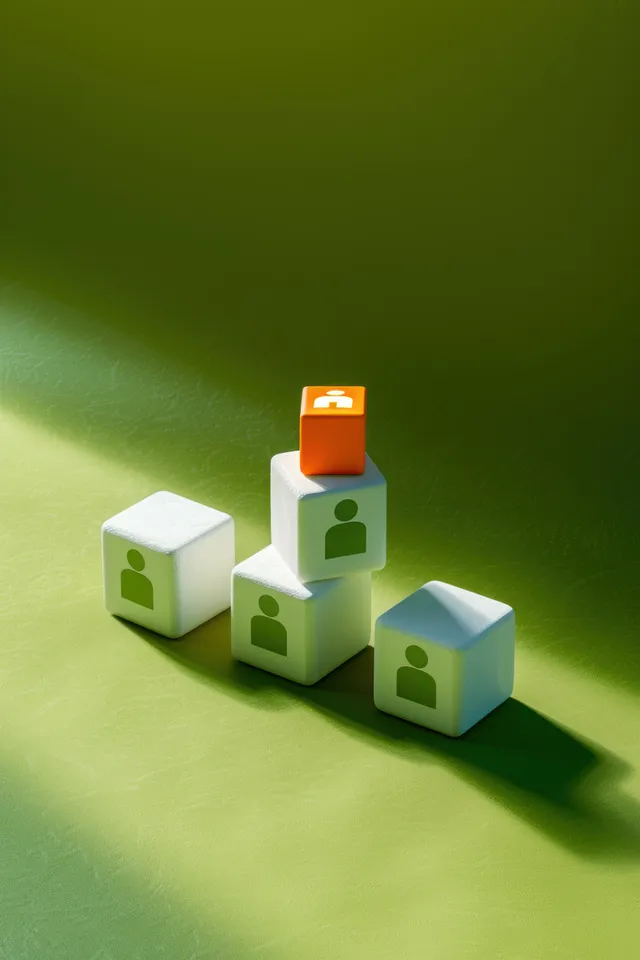 Orange leader cube with a white person icon stacked above white cubes with green person icons on a green textured surface.