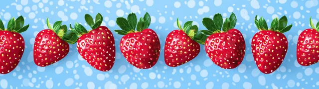 Red Strawberries with Green Leaves on Blue Patterned Background