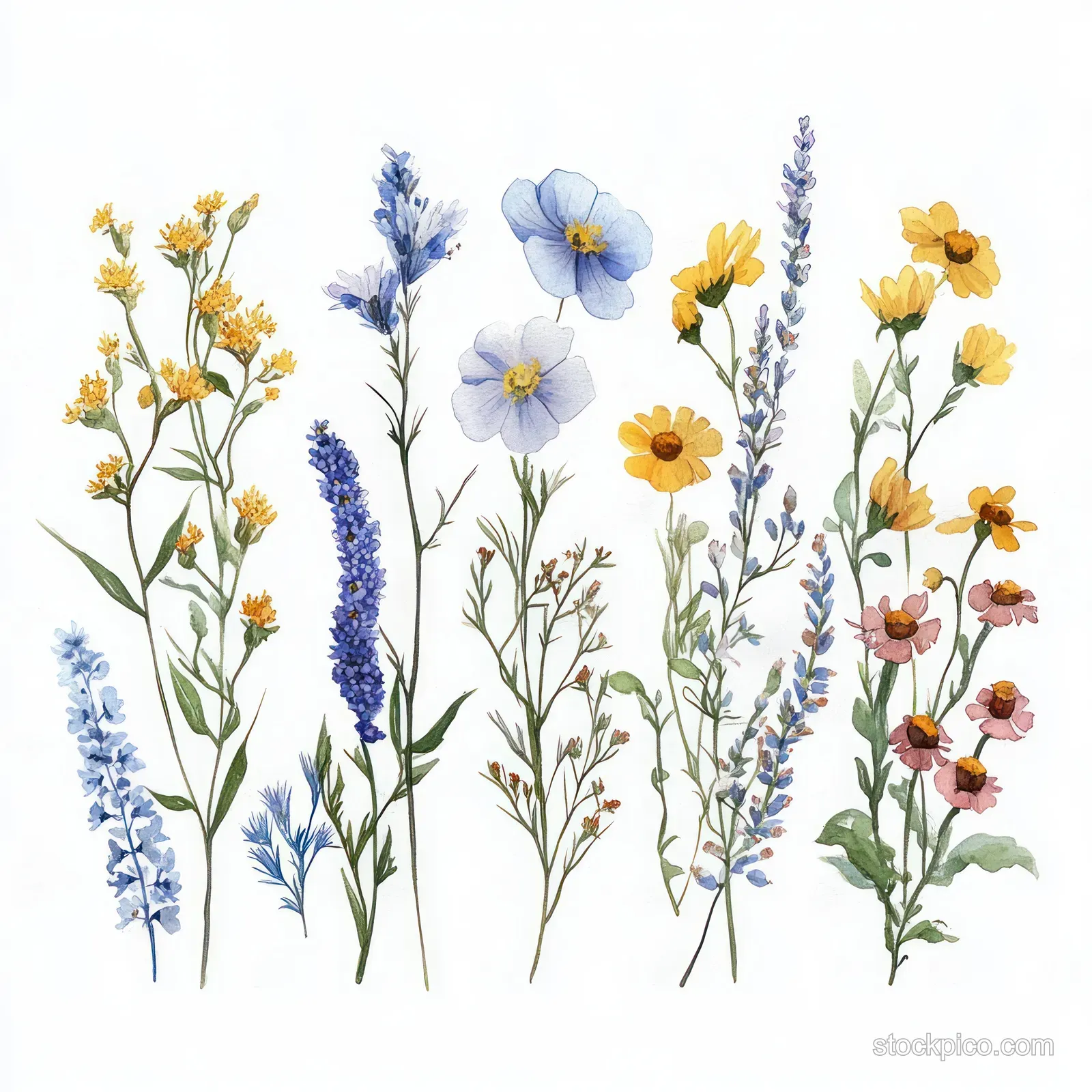 Watercolor wildflower stems with pastel blossoms isolated on a white background.