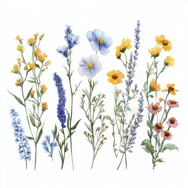 Watercolor wildflower stems arranged on white with soft pastel blossoms