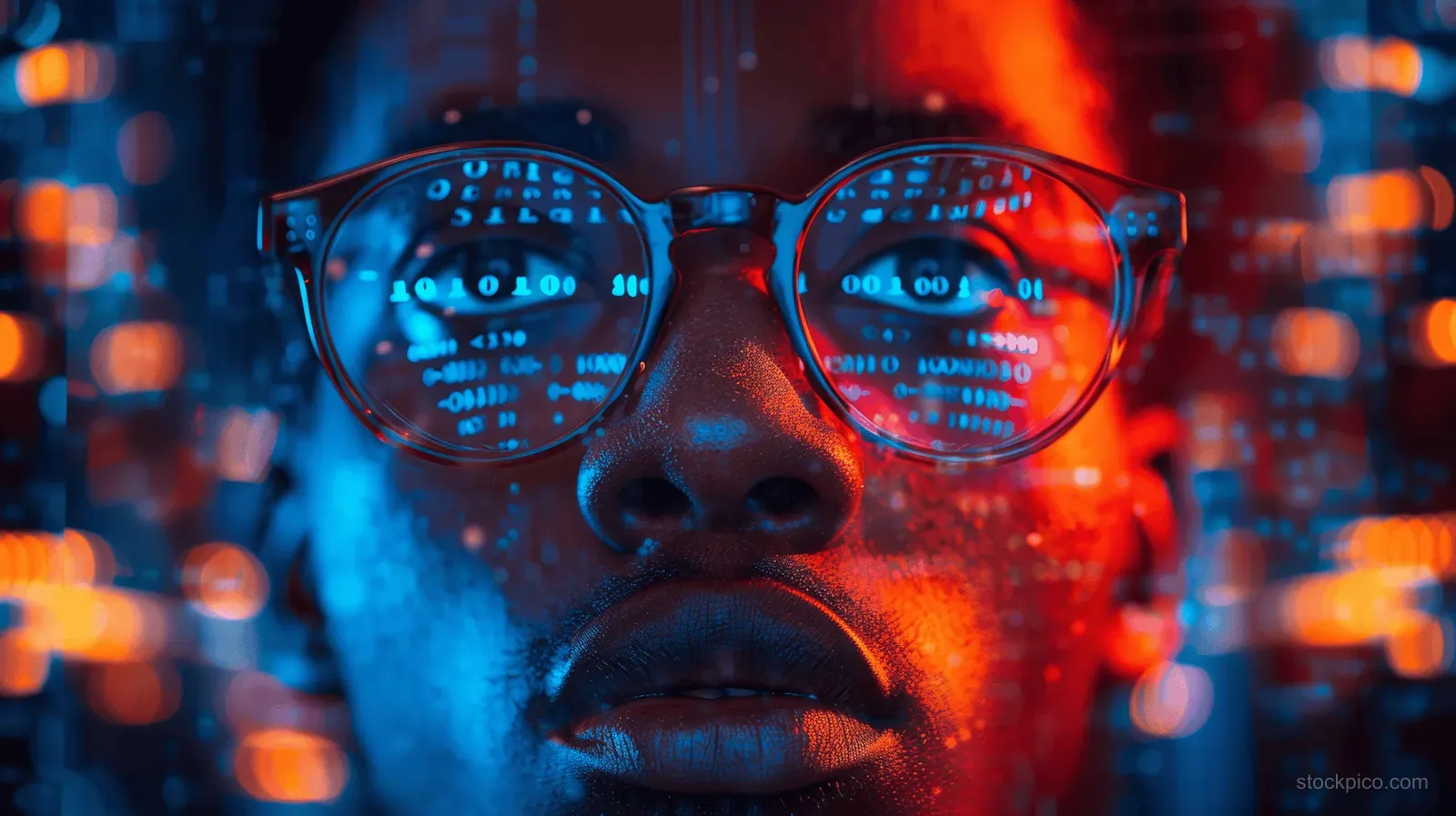 African American man wearing glowing cyberpunk glasses analyzes security data amid neon network lights.