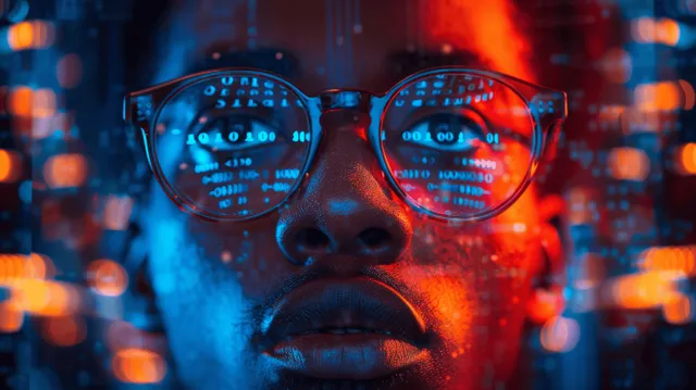 African American man analyzing neon cyber security data with glowing glasses