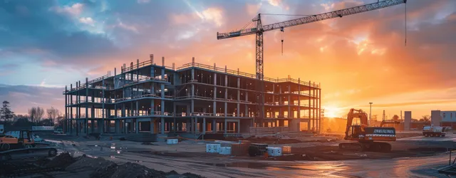 Tower crane lifts steel frame for concrete office building at sunset over construction site