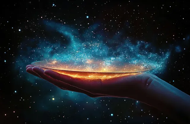 A hand holds a glowing plate as a blue starry galaxy spreads across the dark background.