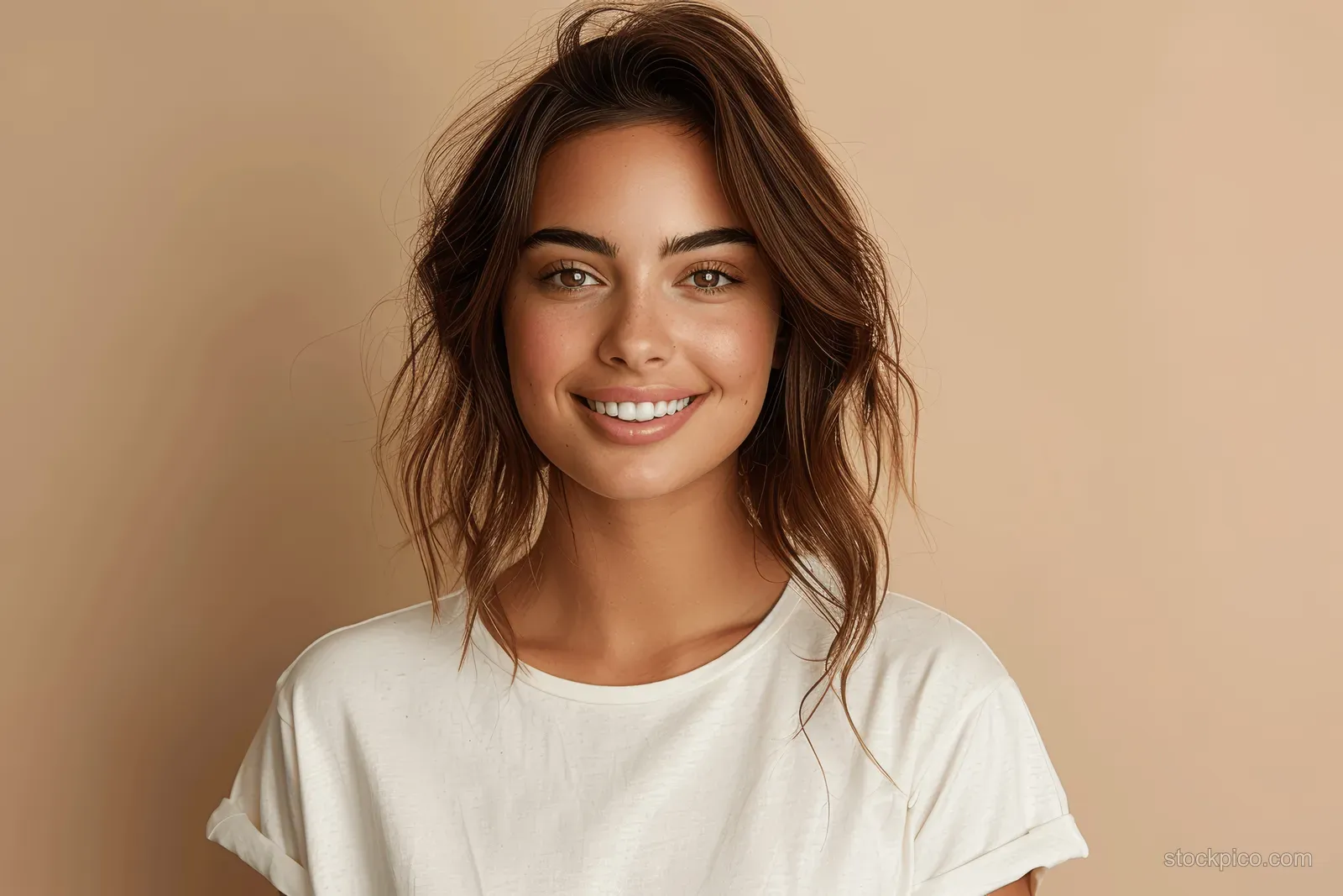Smiling young woman wearing a white t-shirt against a beige studio background with empty space.