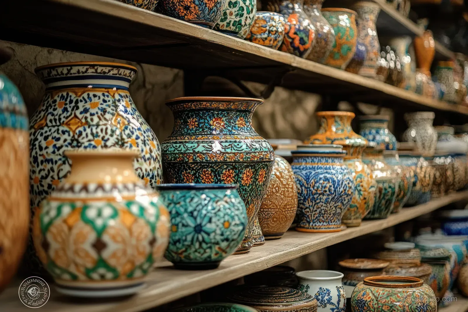 Colorful hand-painted ceramic pots and vases with floral and geometric patterns arranged in rows on wooden shelves.