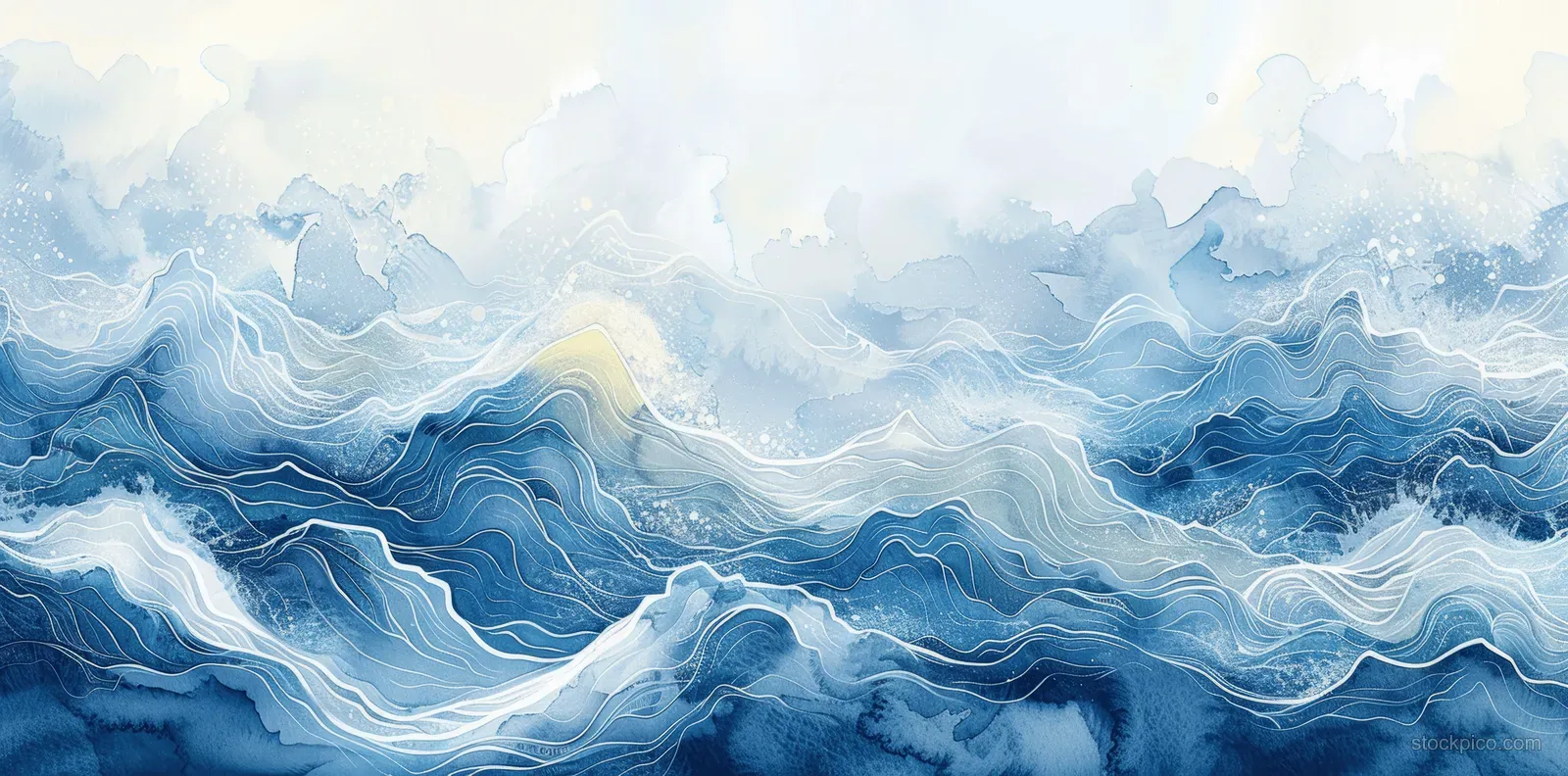 Cartoon watercolor ocean waves in blue and teal cresting toward a pale horizon under cloudy sky.