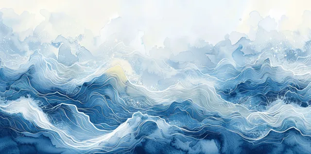 Cartoon watercolor ocean waves in blue and teal cresting toward a pale horizon under cloudy sky.