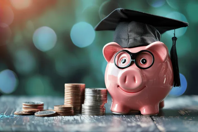 Piggy bank with a graduation cap and stacks of coins on a table with out-of-focus lights behind it.