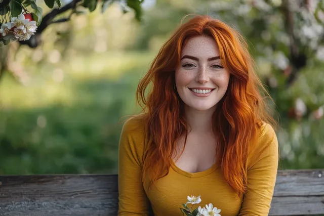A young woman with red hair and freckles smiles while sitting on a wooden bench in a green garden with spring blossoms.