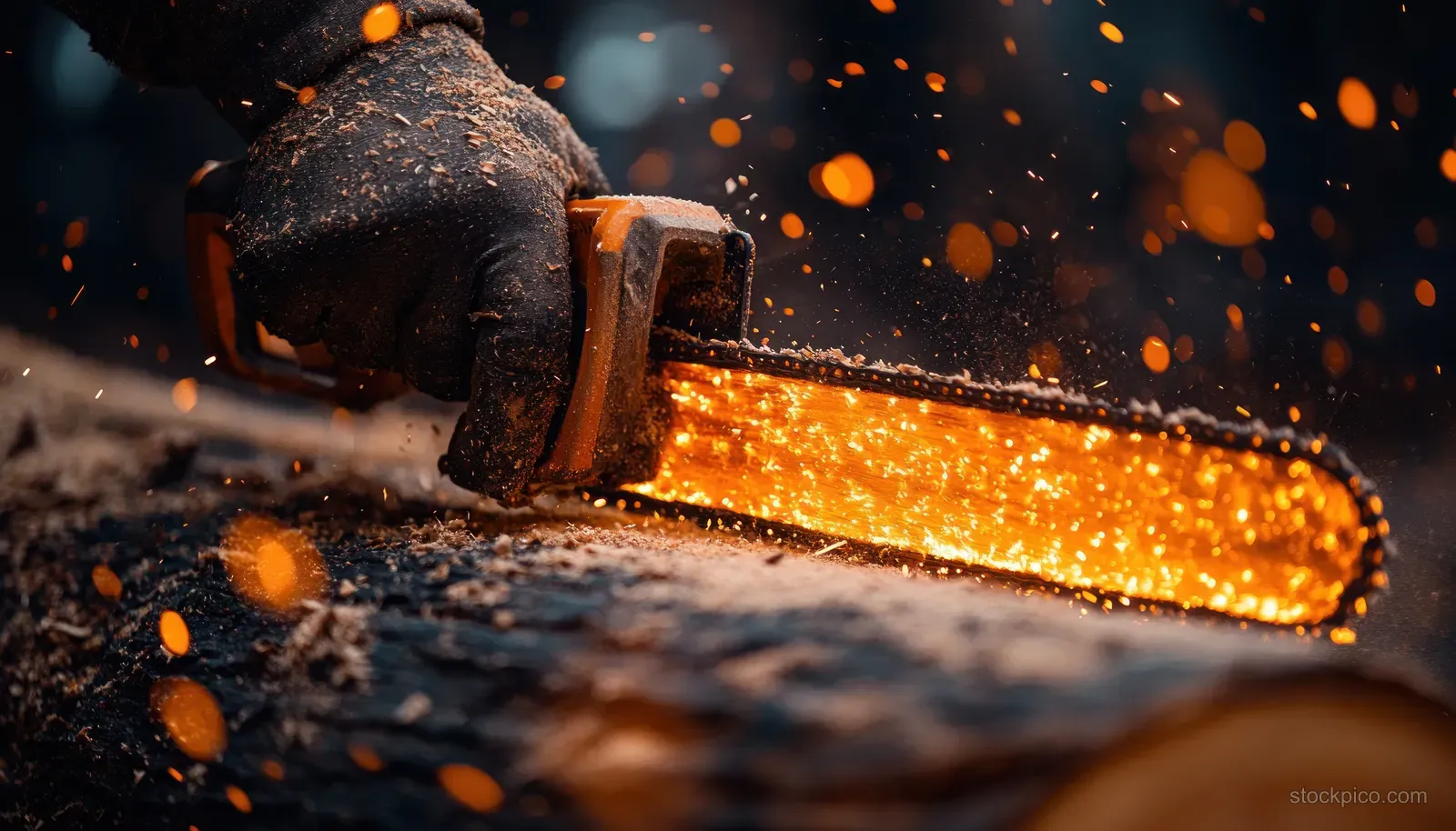 A chainsaw cuts a log in a forest, with sparks and sawdust spraying through the air.