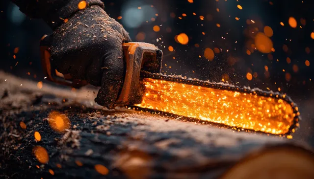 A chainsaw cuts a log in a forest, with sparks and sawdust spraying through the air.