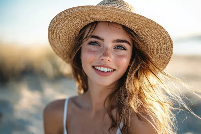 Smiling young woman in straw hat relaxing on a sunny beach shoreline