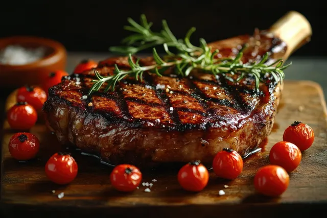 Juicy grilled steak with rosemary and roasted cherry tomatoes on a rustic wooden board