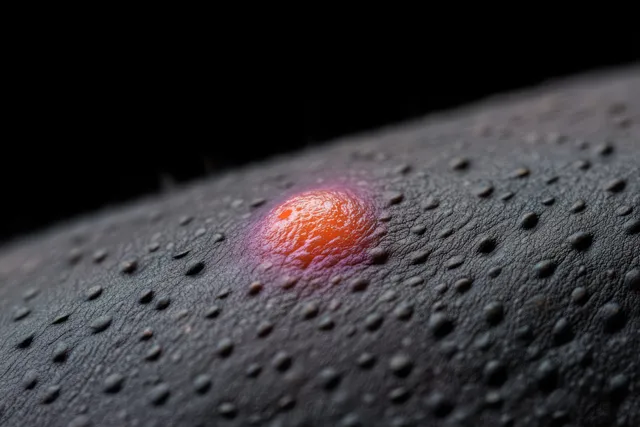 Macro close-up of a dark bumpy surface with a single glowing red-orange spot emitting subtle light.