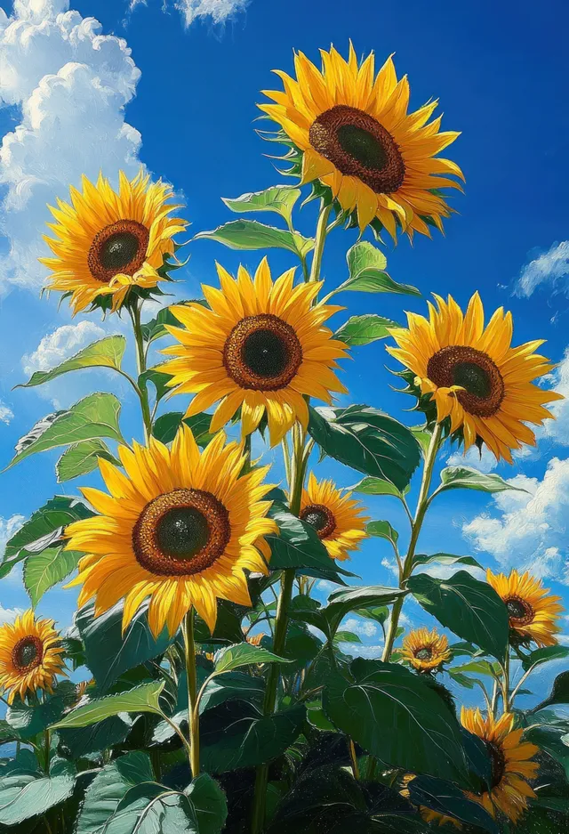 Sunflowers with yellow petals bloom on green stems under a bright blue sky with white clouds.