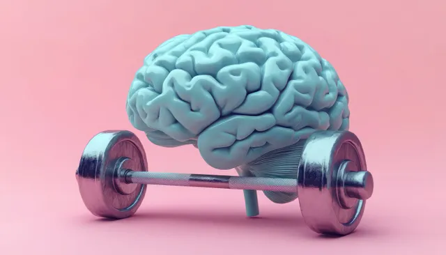 A blue 3D brain lifts a silver barbell on a pink background.