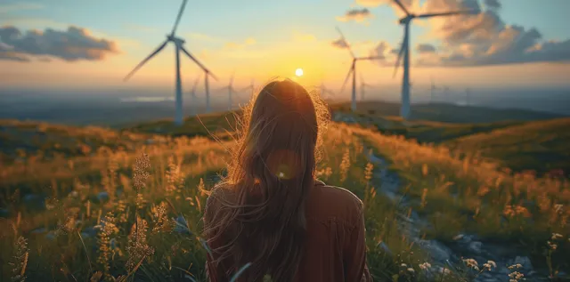 Hydrogen pipeline running through grassy landscape with wind turbines under warm sunset light