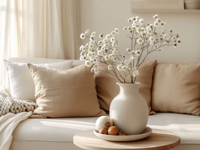 Beige sofa and pillows with a white ceramic vase holding white flowers on a round coffee table near windows.