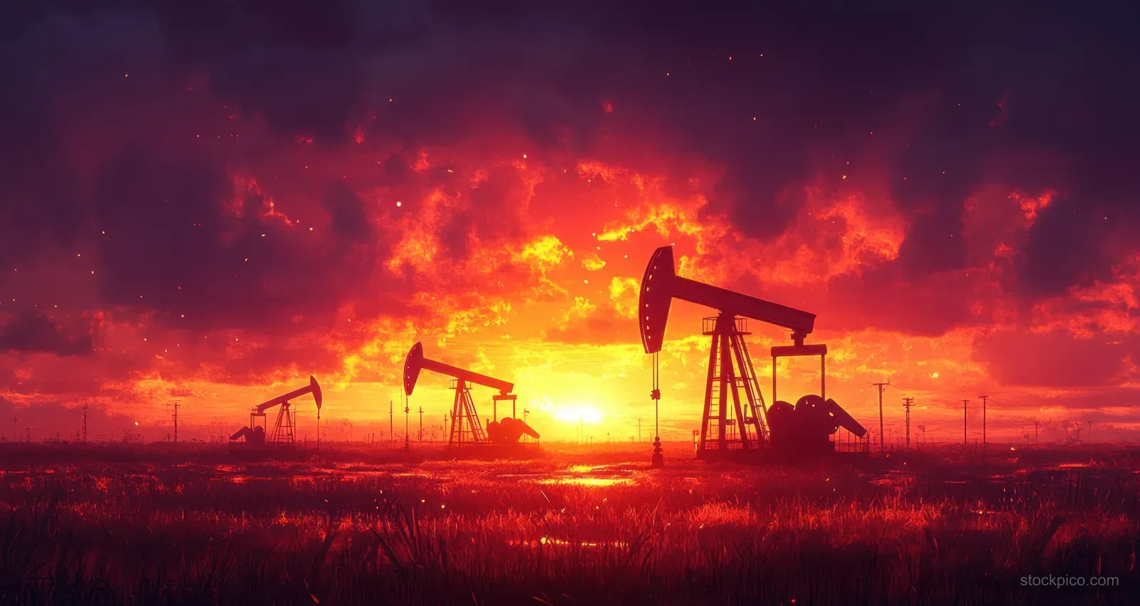 Oil pump jacks stand silhouetted in a desert oilfield under a bright orange sunset.