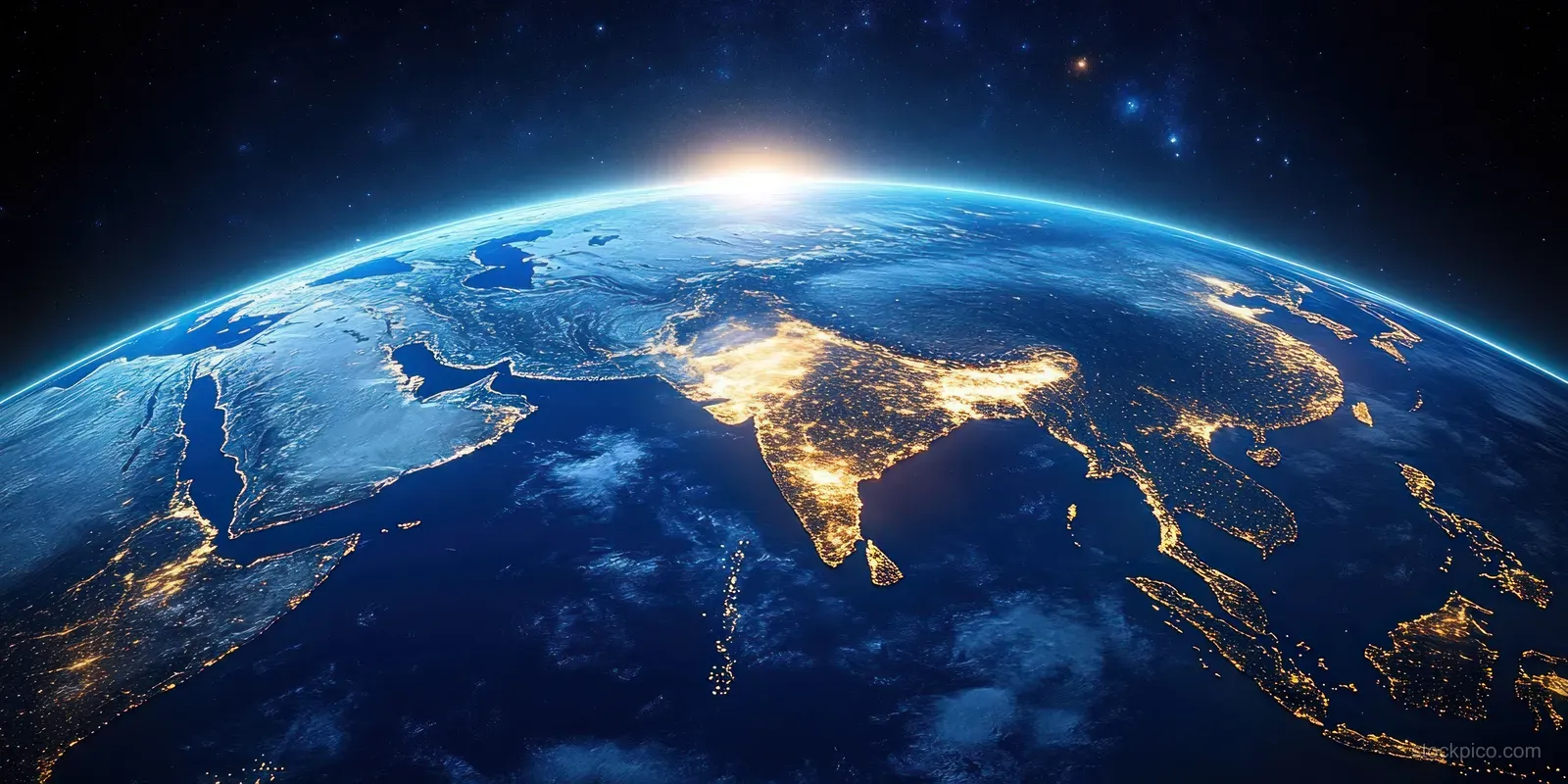 Earth viewed from space with India lit up by city lights above the blue ocean.
