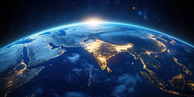 India Glowing at Night from Space Above Earth’s Blue Ocean