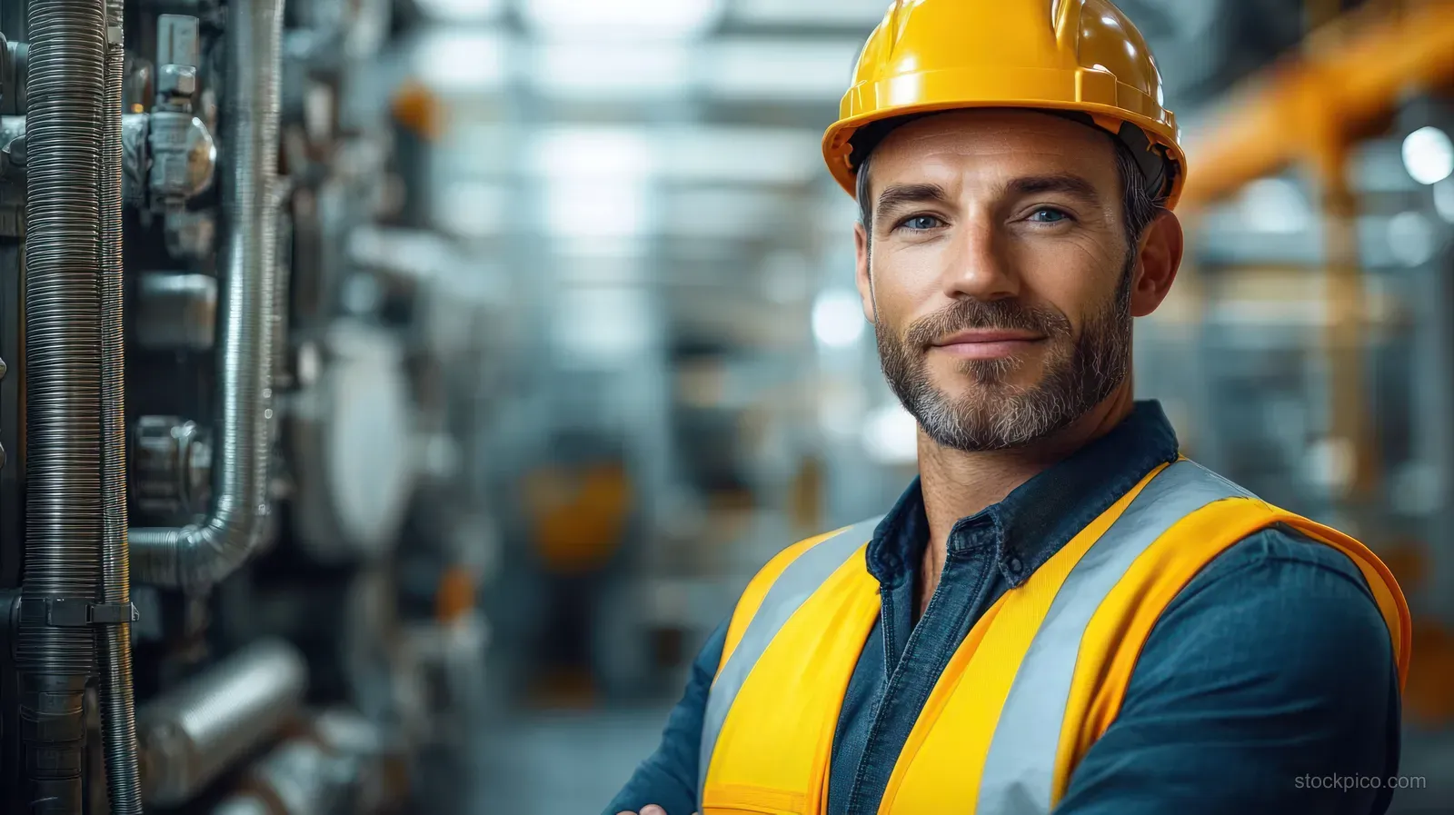 A helmeted worker in a reflective vest stands with arms crossed inside a factory with blurred machinery in the background.