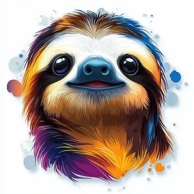Smiling sloth face portrait with large eyes and colorful fur splashes in blue, orange, purple, and brown.