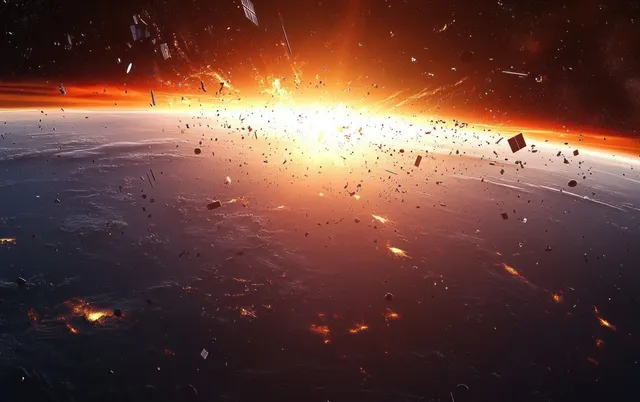 Satellites and space debris drift around Earth, illuminated by fiery sunlight streaks and sparks.